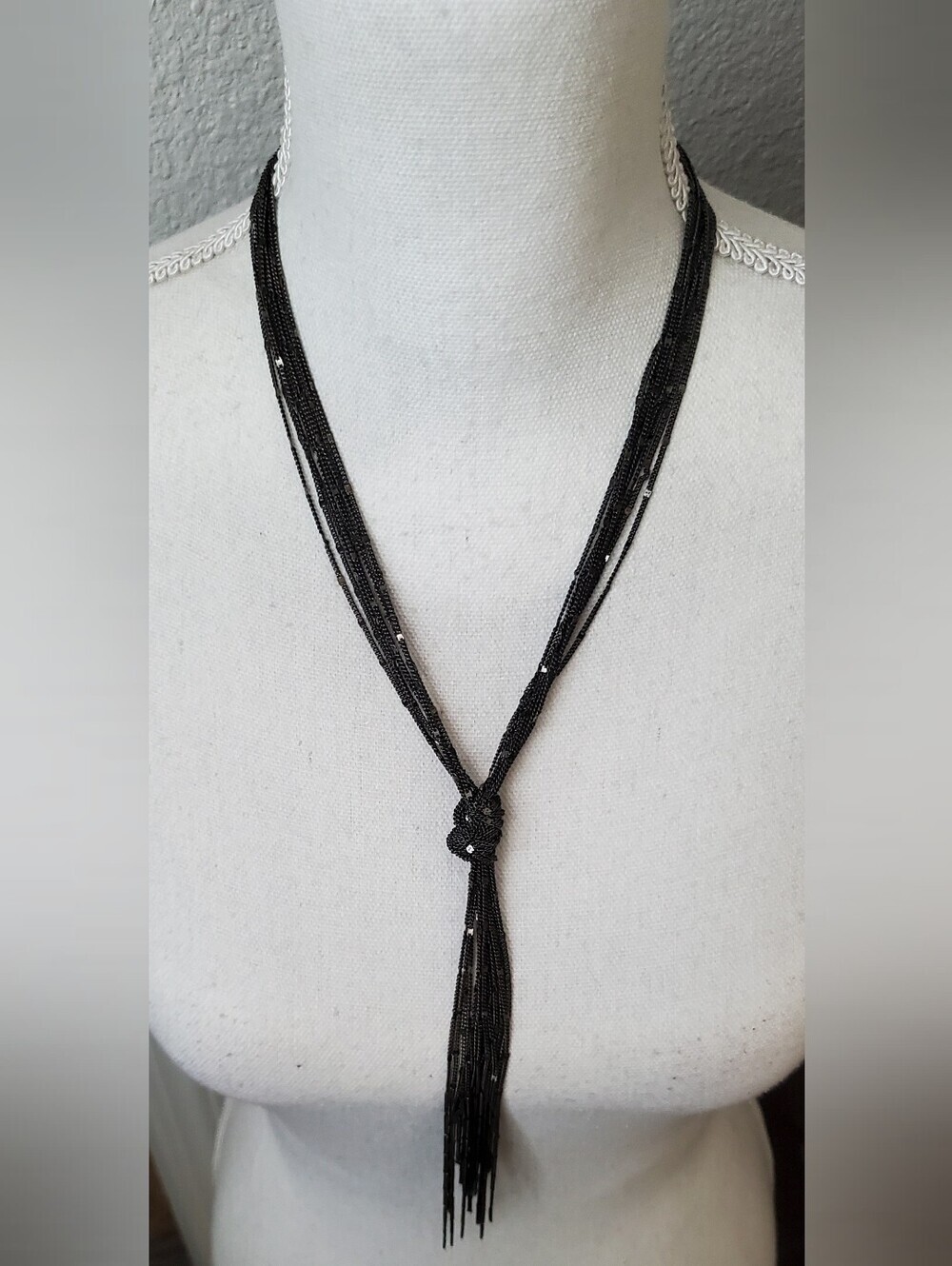 Alfani Black Gunmetal Multi-Strand Tassel Lariat Statement Necklace NWOT